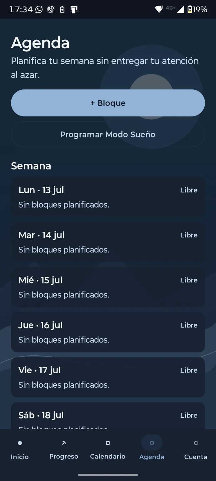 Pantalla Agenda de Lapso en modo oscuro