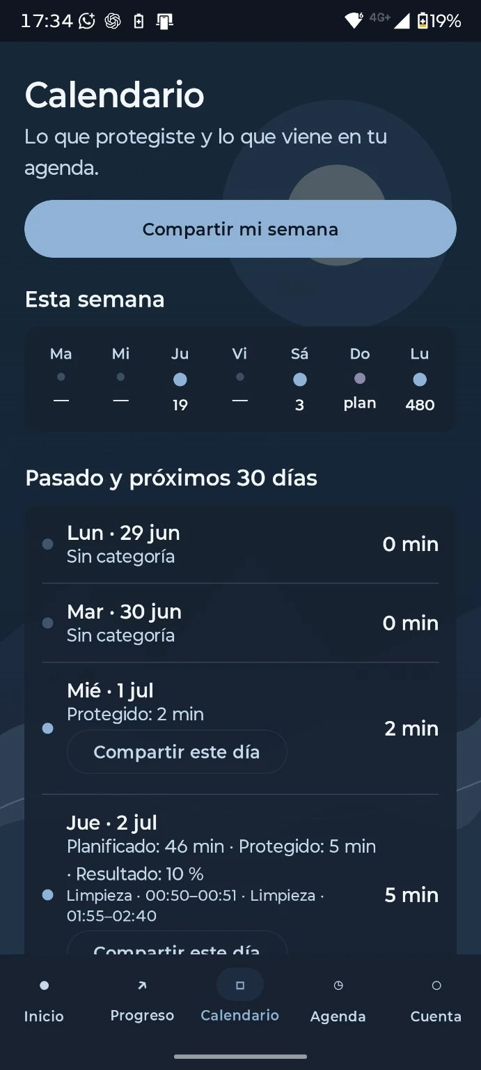 Pantalla Calendario de Lapso en modo oscuro