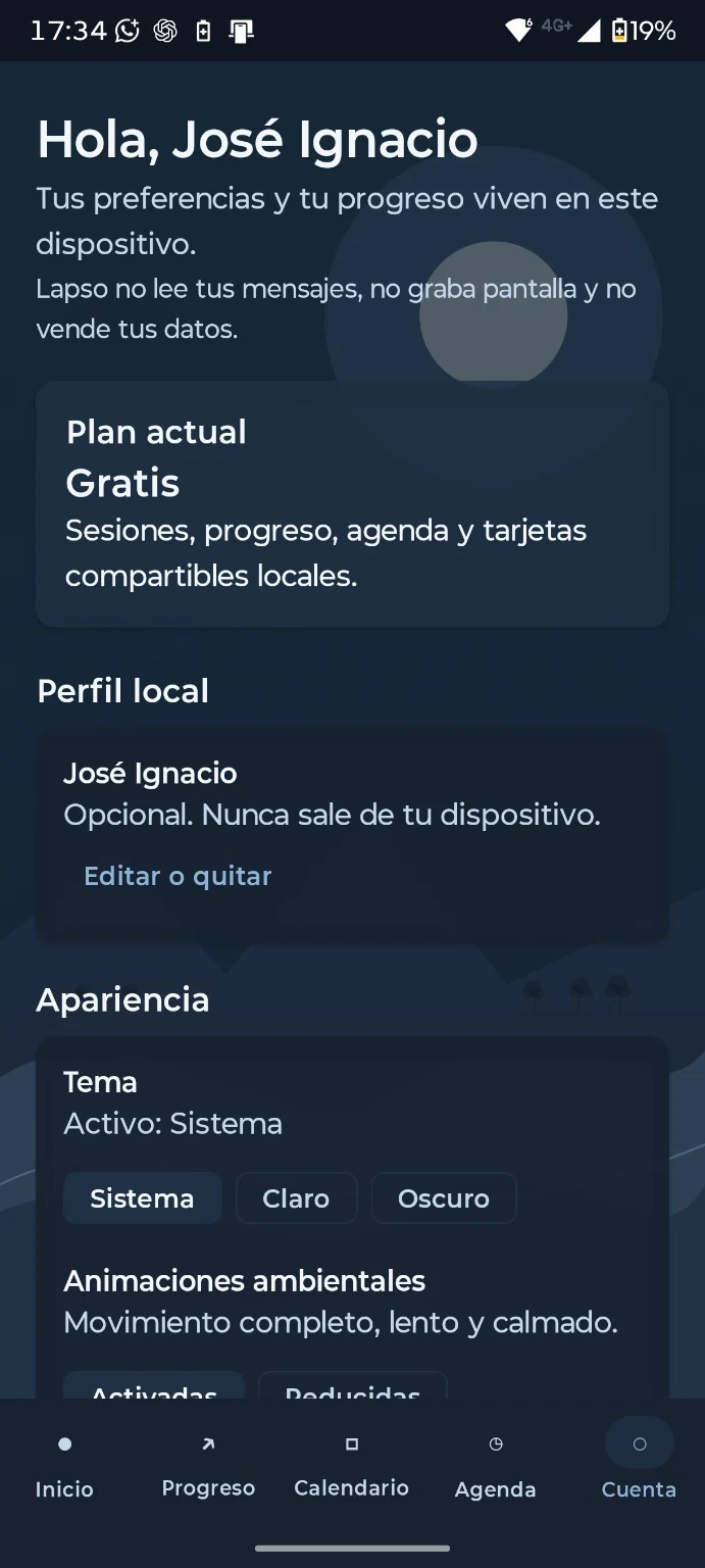 Pantalla Cuenta de Lapso en modo oscuro