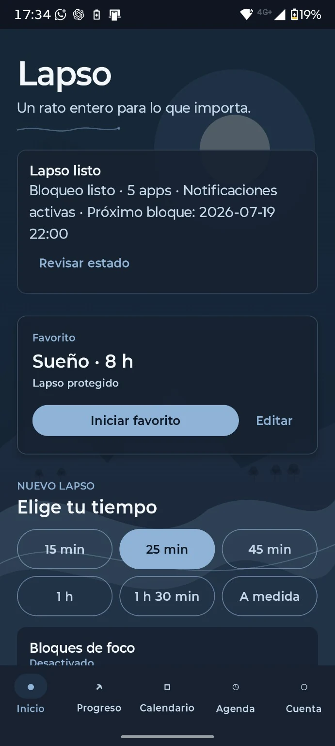 Pantalla Inicio de Lapso en modo oscuro