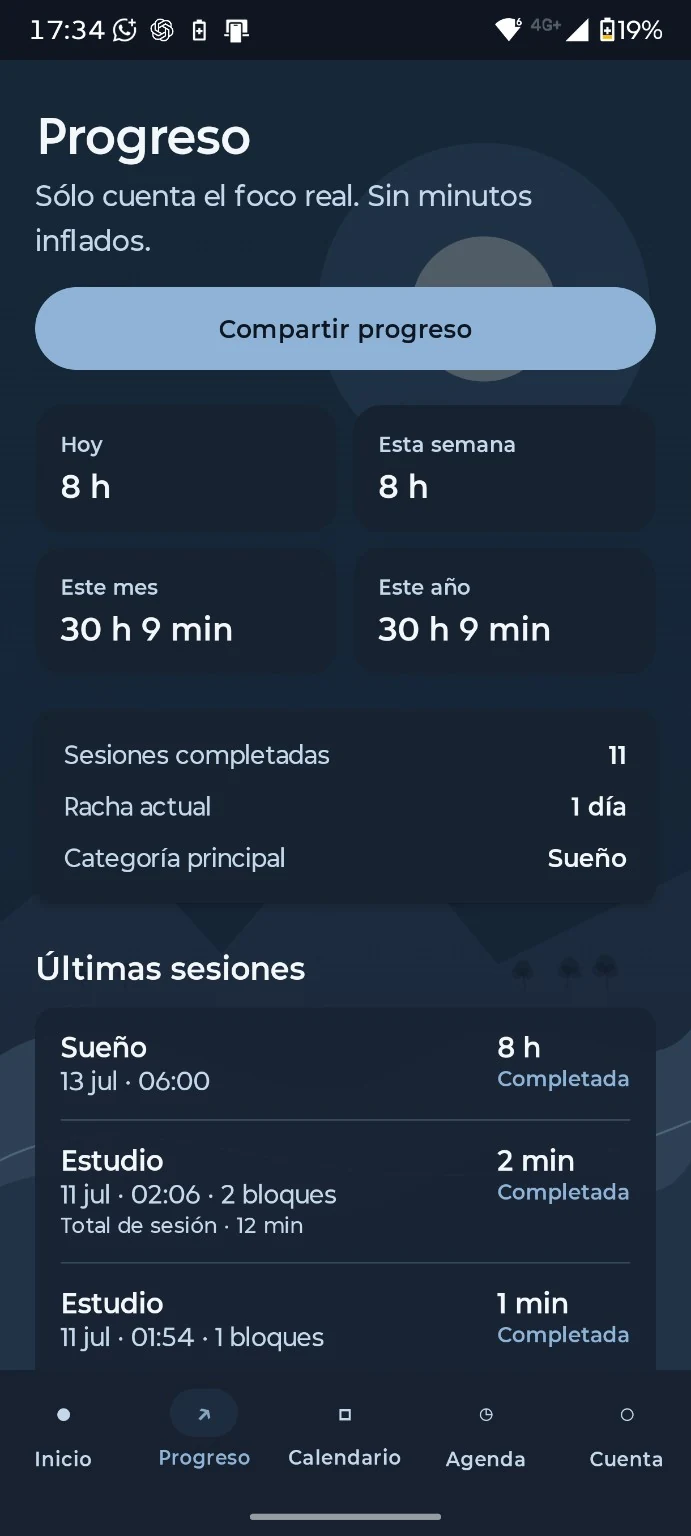 Pantalla Progreso de Lapso en modo oscuro