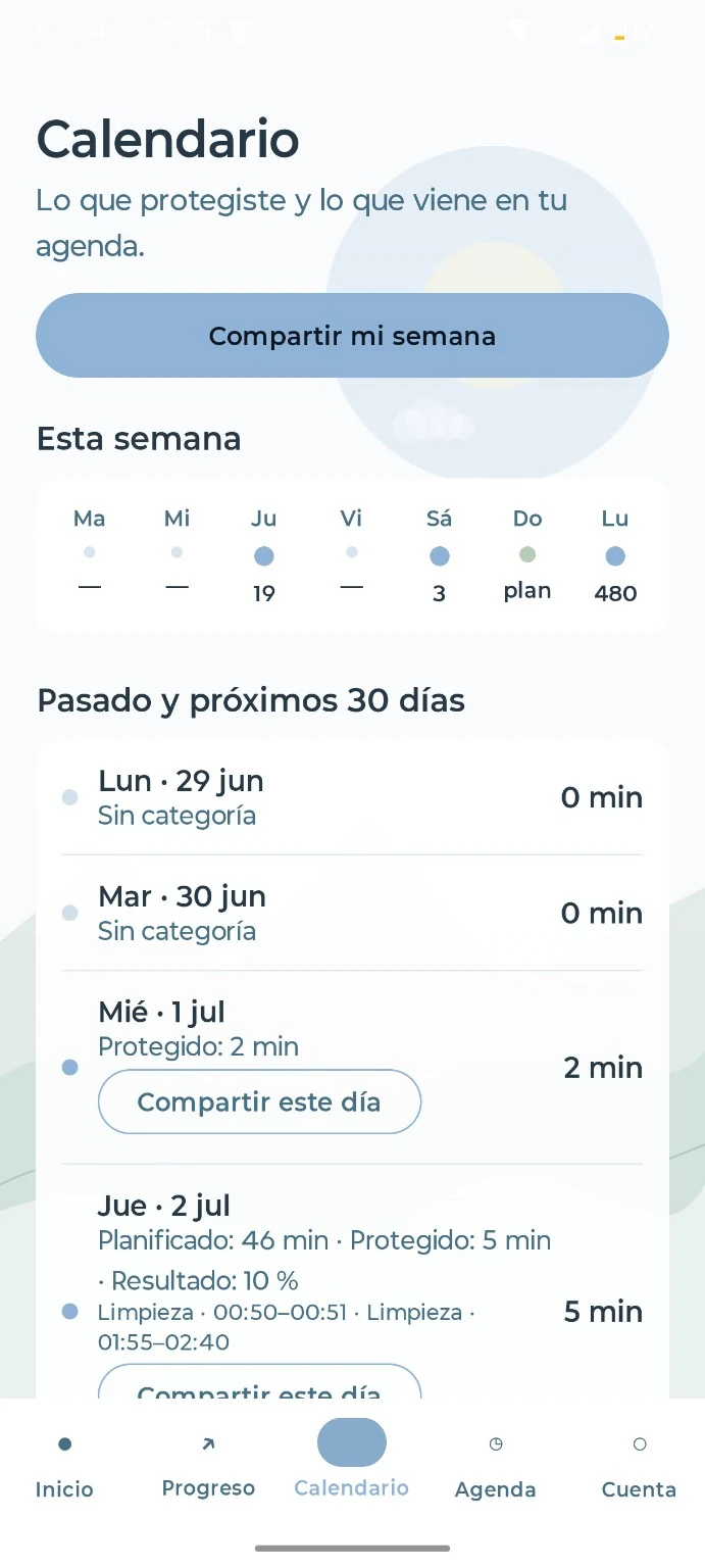 Pantalla Calendario de Lapso en modo claro