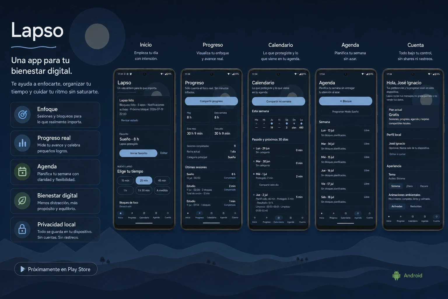 Presentación de Lapso en modo oscuro para Android